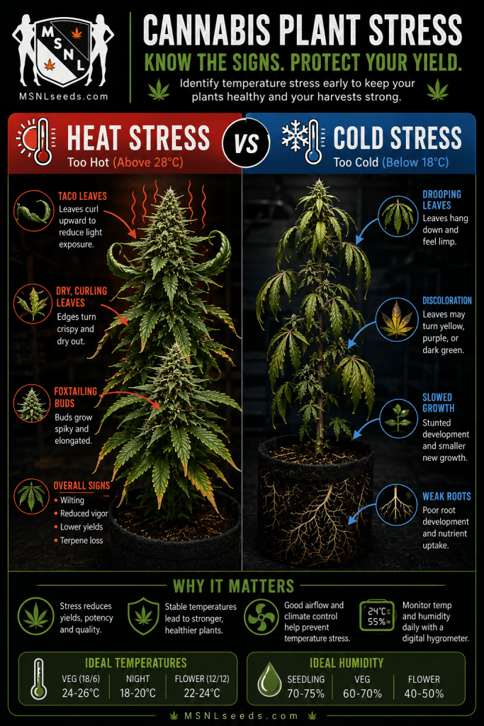 Infographic comparing heat stress and cold stress symptoms on cannabis plants with ideal temperature and humidity ranges for healthy growth