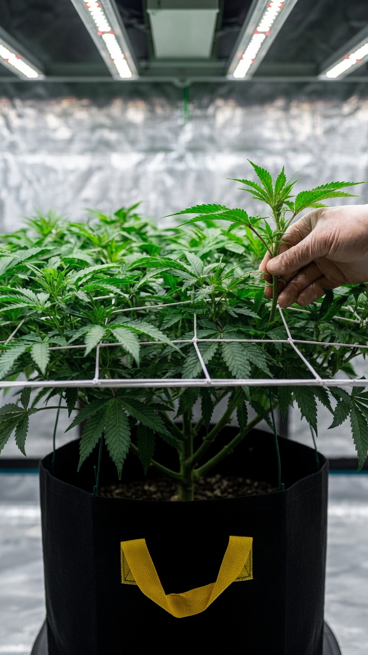 SCROG Screen of Green Cannabis Training Technique Hand adjusting a cannabis plant under a SCROG net in a grow tent for even canopy and higher yields