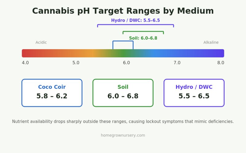 Cannabis pH Target Ranges by Growing Medium pH scale chart showing target ranges for cannabis in soil (6.0-6.8), coco coir (5.8-6.2), and hydroponic systems (5.5-6.5)