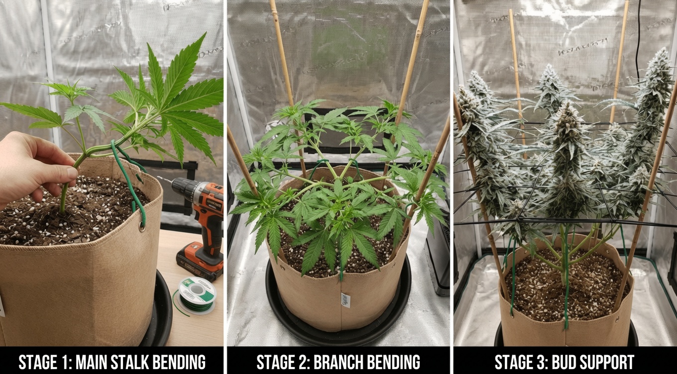 LST Training Techniques Step by Step for Cannabis Plants Step-by-step Low Stress Training (LST) on cannabis: Stage 1 main stalk bending, Stage 2 branch training, Stage 3 bud support for higher yields