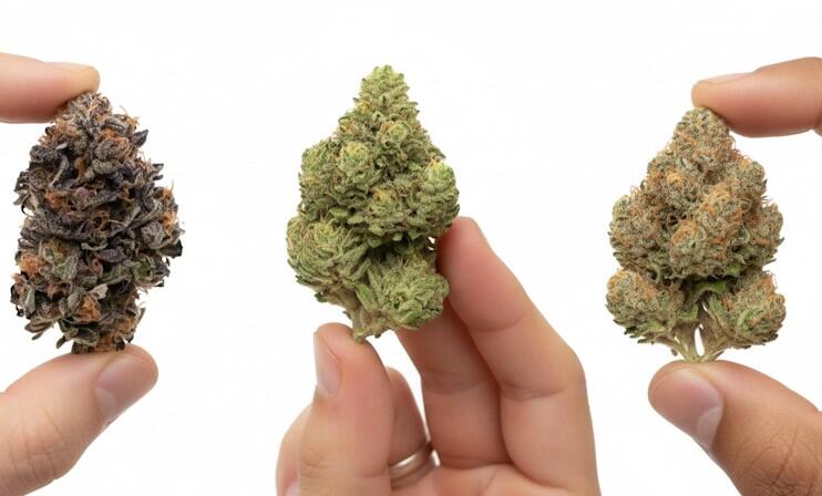 Comparing Cannabis Strains by Bud Appearance Three different cannabis bud strains held side by side for comparison, showing color and structure differences